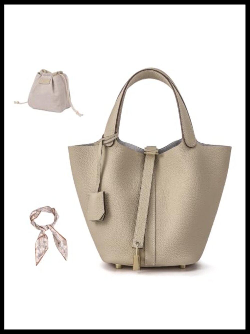 Genuine Leather Lock Design Bucket Bag Top Handle Satchel Handbag for Women